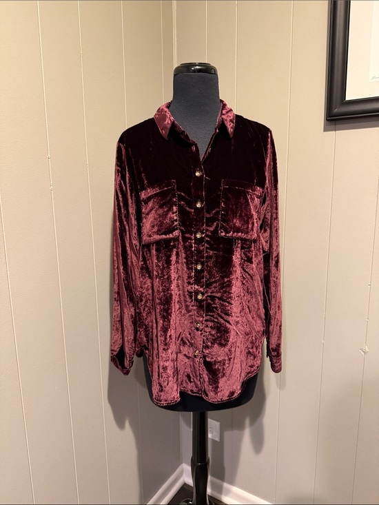 Maeve Tops - Maeve Anthropologie Women’s 2 Plush Velour Button-Down Shirt in Wine Burgundy